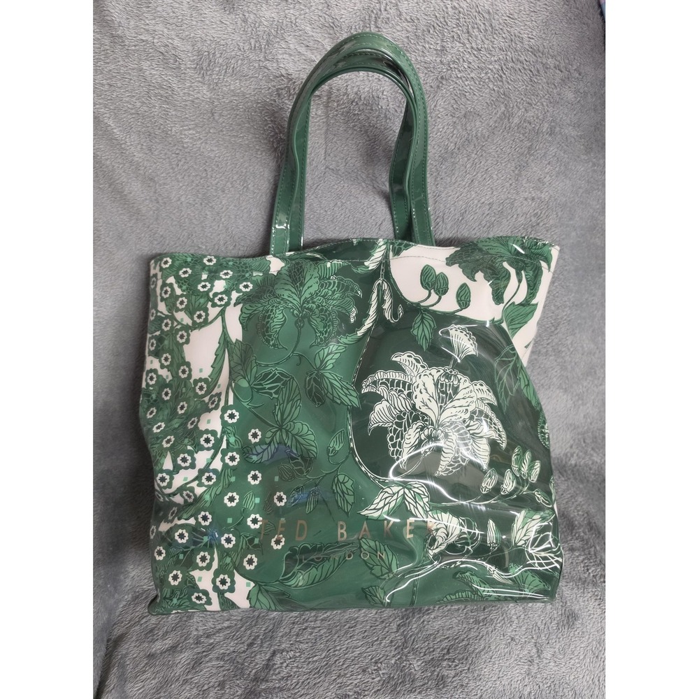 Ted Baker Tote Bag Womens Large Green PVC‎ Floral Shopper Water Resistant